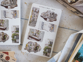 Ephemera-style sheet of torn paper collage art, showcasing various vintage European architectural scenes and nostalgic city details.