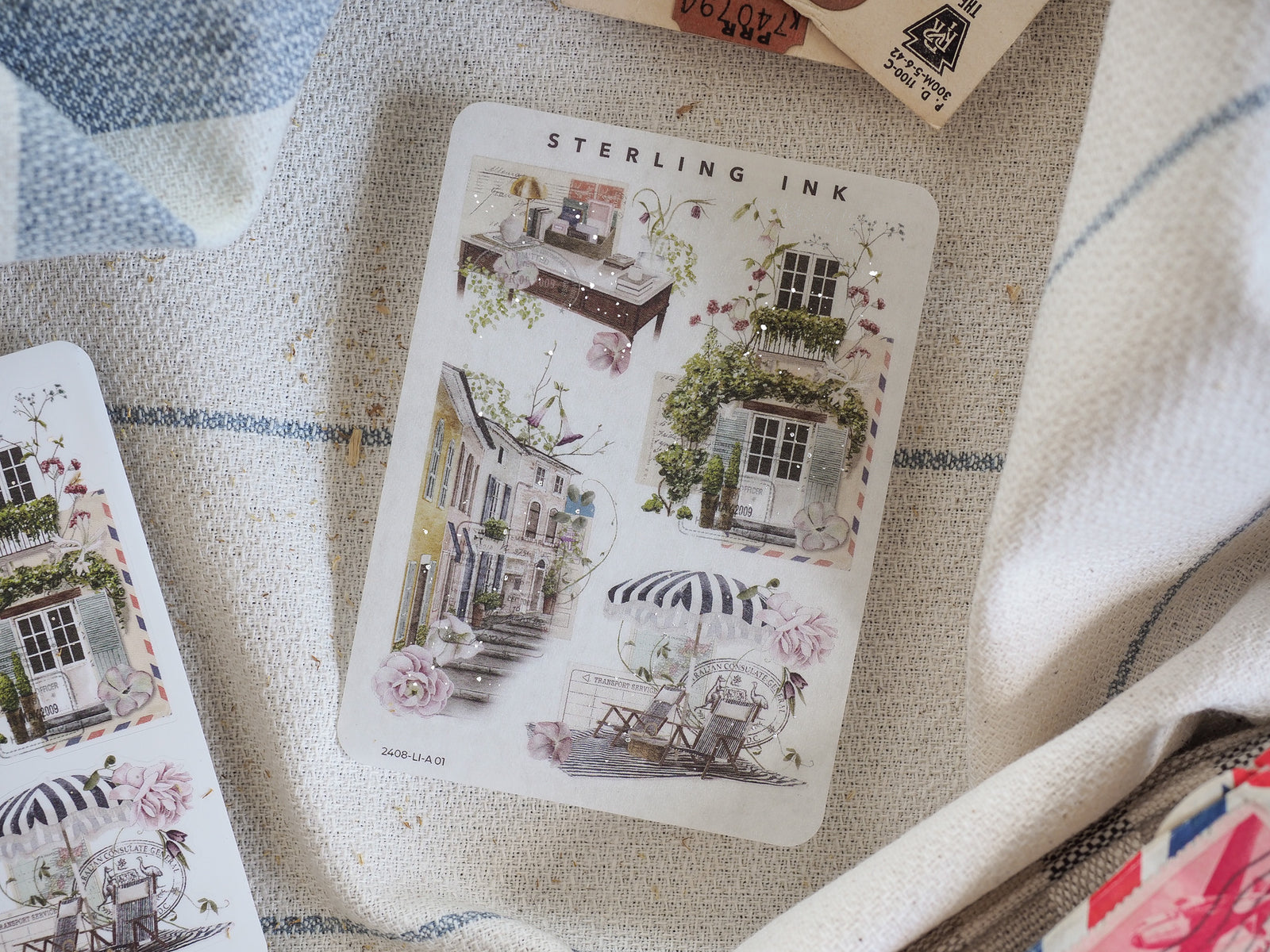 Decorative large icon stickers featuring detailed vintage illustrations of quaint storybook townhouses, ivy-covered buildings, and romantic floral accents.