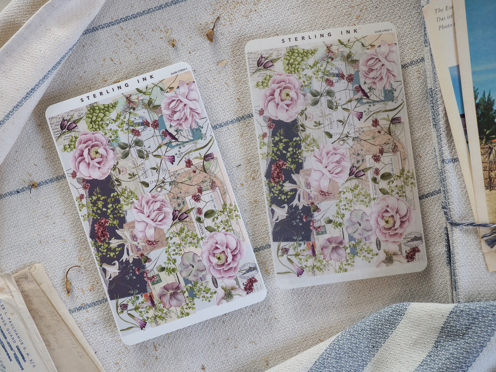 Vintage ephemera sticker sheets featuring lush, abundant blush pink roses, delicate greenery, and nostalgic text patterns.