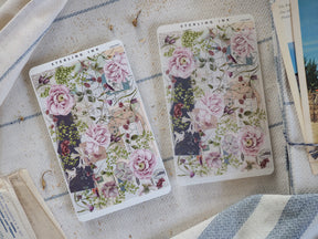 Vintage ephemera sticker sheets featuring lush, abundant blush pink roses, delicate greenery, and nostalgic text patterns.
