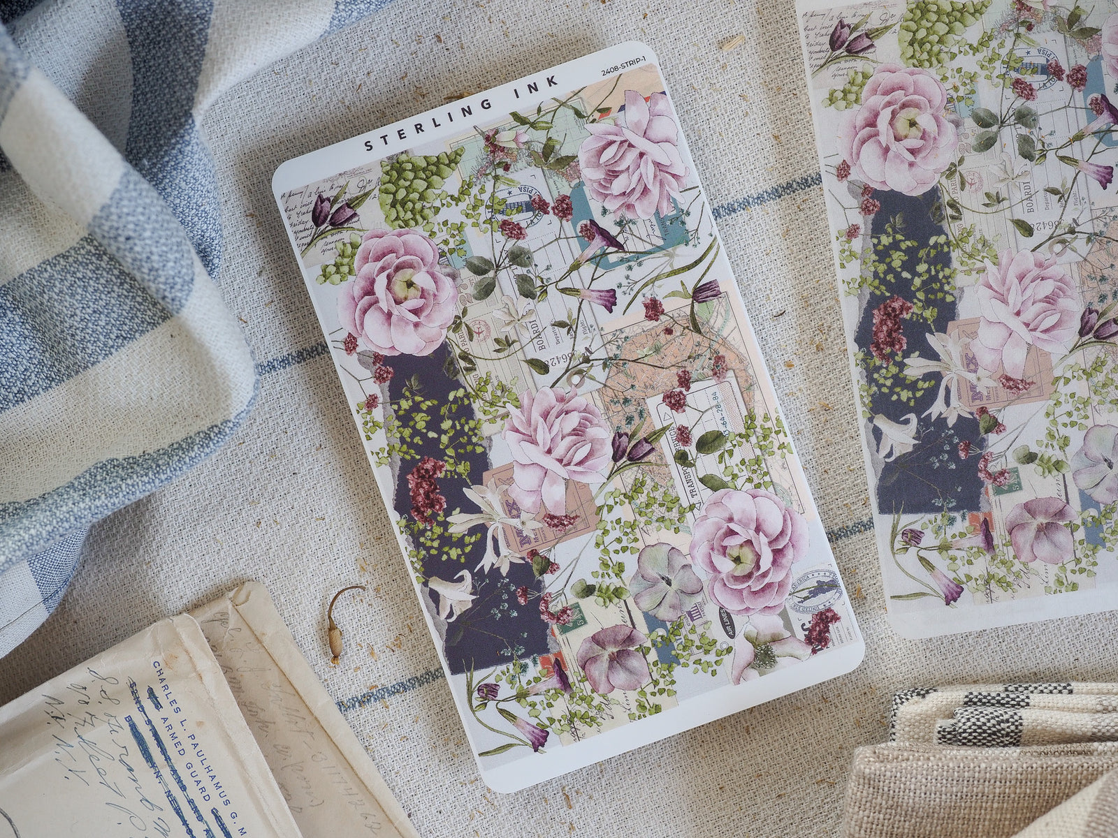 Vintage botanical sticker strip featuring lush pink roses, layered green foliage, and delicate floral motifs for seasonal crafting and planning.