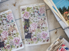 Vintage floral and scrapbook sticker strips featuring large pink watercolor roses, delicate greenery, and antique-style printed details.
