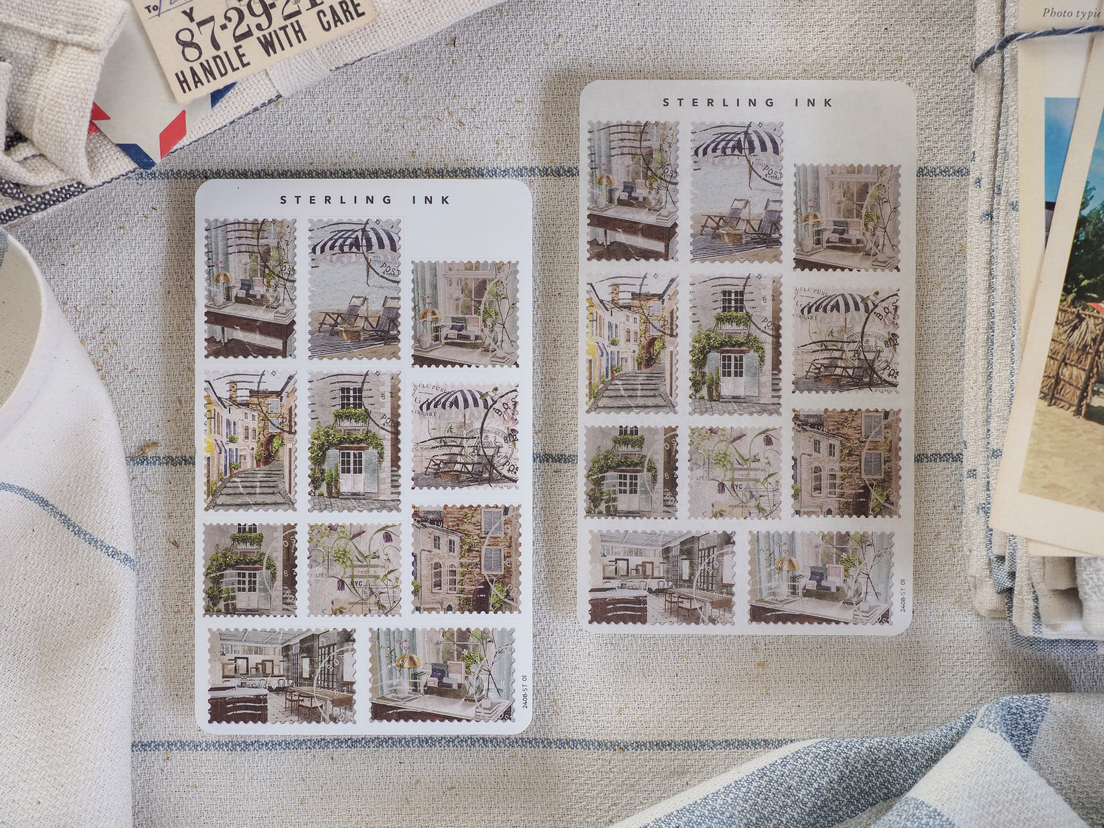 August 2024 sticker sheet featuring eight grid-arranged vintage architectural scenes of charming balconies, potted plants, and sun-drenched European-style patios.