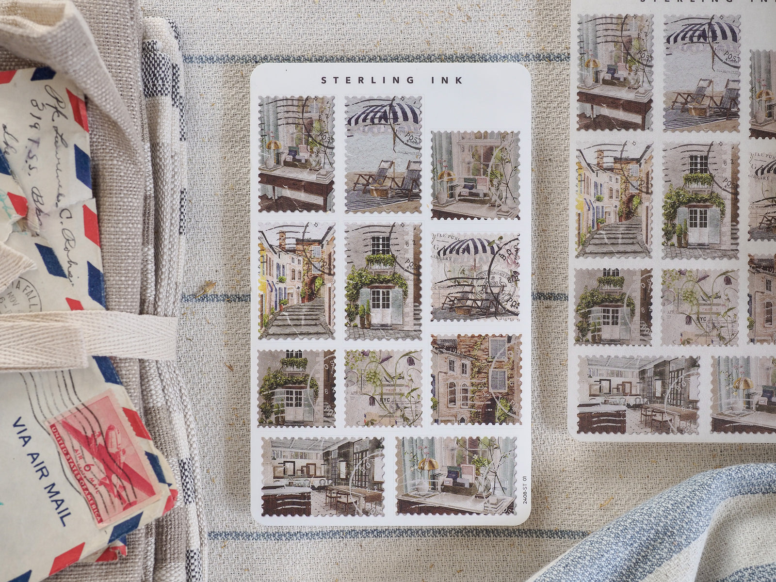 A vintage-style sticker sheet featuring a grid of sepia-toned images depicting charming, detailed European architecture and historic street scenes.