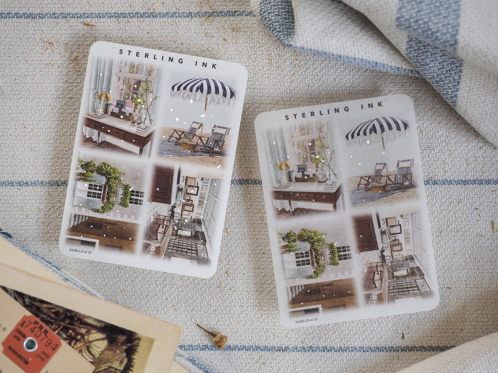 Large illustration sticker set featuring vintage, detailed scenes of outdoor patios and charming storefronts, printed in a decorative style.