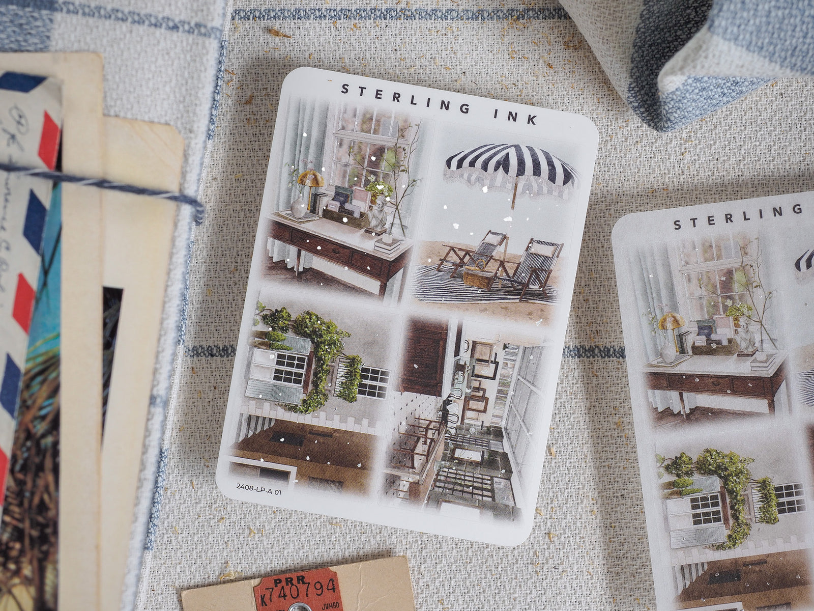 Detailed illustration stickers capturing summer and coastal motifs, featuring vintage architectural scenes like sun-drenched porches, patio furniture, and striped beach umbrellas.