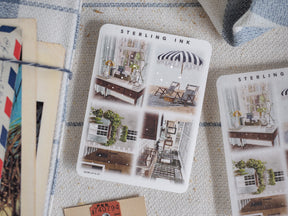 Detailed illustration stickers capturing summer and coastal motifs, featuring vintage architectural scenes like sun-drenched porches, patio furniture, and striped beach umbrellas.