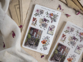Botanical arrangement sticker sheets featuring vintage illustrations of rustic houses and curated floral bouquets perfect for September journaling.
