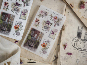 Vintage decorative sticker sheets featuring curated botanical arrangements, ornate labels, and detailed architectural engravings for journaling.