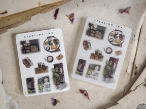 Monochromatic icon sticker sheets featuring a curated collection of miniature elements, including vintage architecture, bookshelves, clocks, and decorative household items.