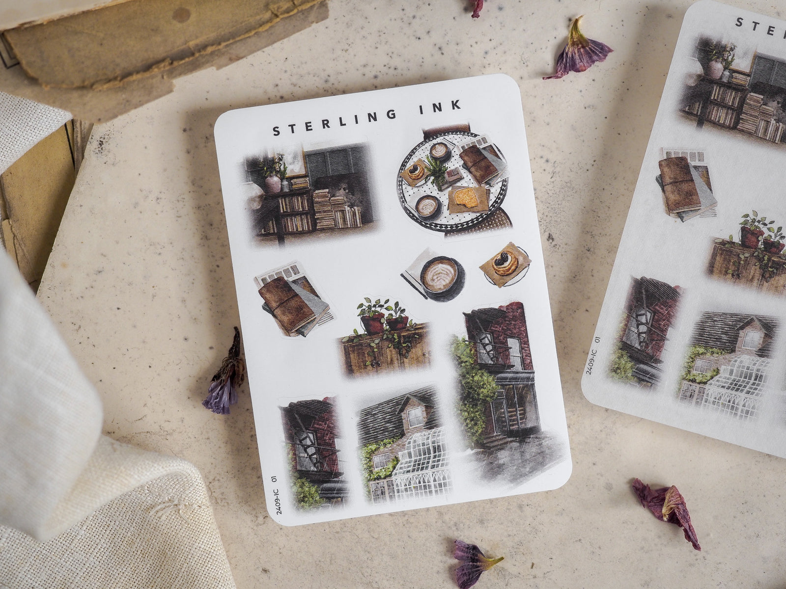 Mini elements icon stickers featuring a September autumnal theme with detailed illustrations of cozy houses, stacks of books, and harvest-related goods.