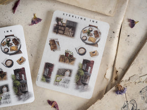 Monochromatic sheets of vintage elements featuring detailed miniature houses, ornate windows, and seasonal architectural motifs for crafting and planning.