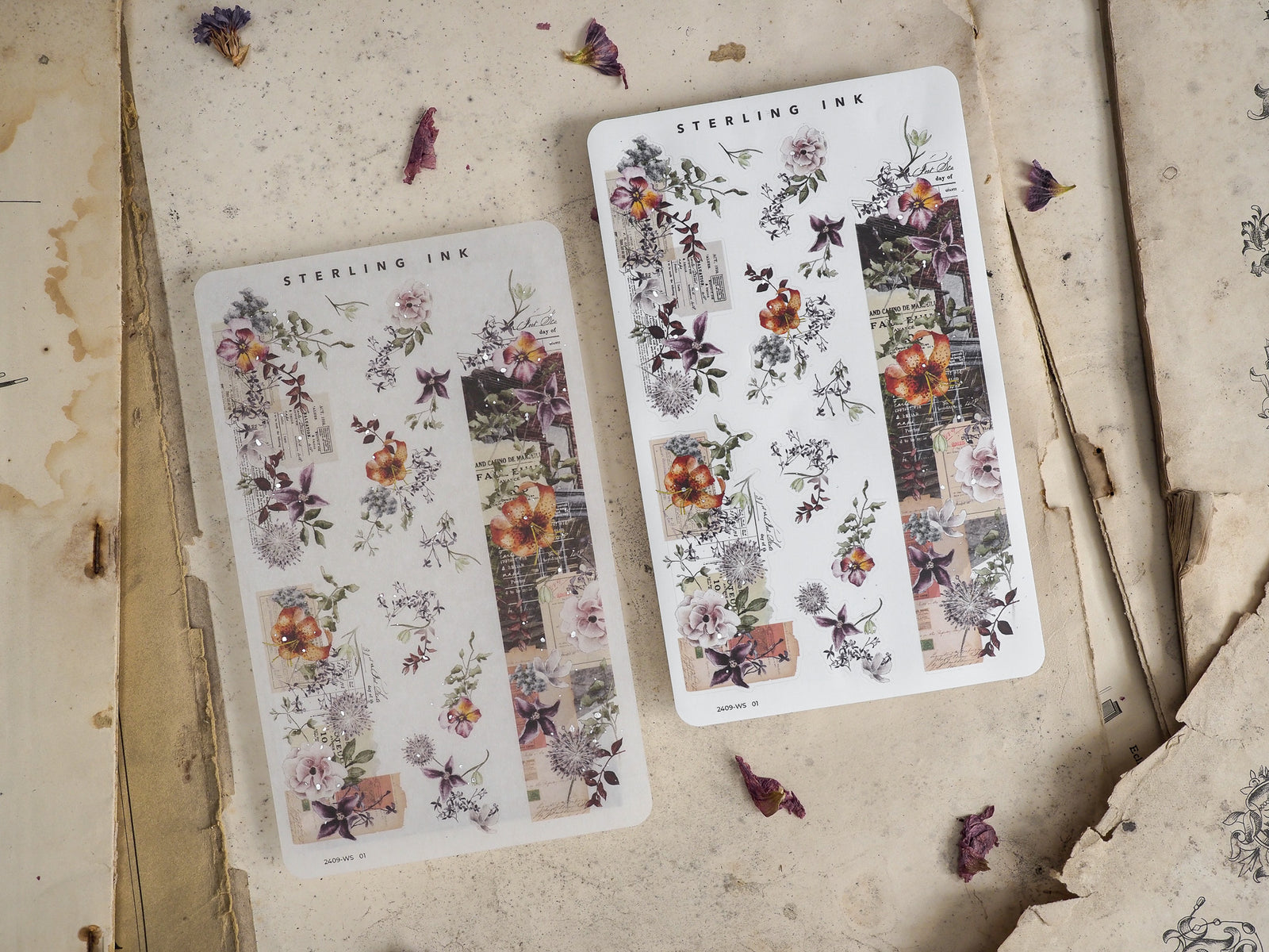 Decorative washi sticker strips featuring lush vintage floral bouquets, botanical etchings, and layered nostalgic design elements for scrapbooking.