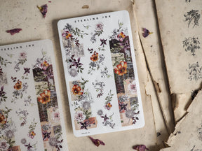 Collage sticker strip featuring richly colored autumn florals, vintage ephemera, and distressed lettering perfect for fall journaling or September planning.