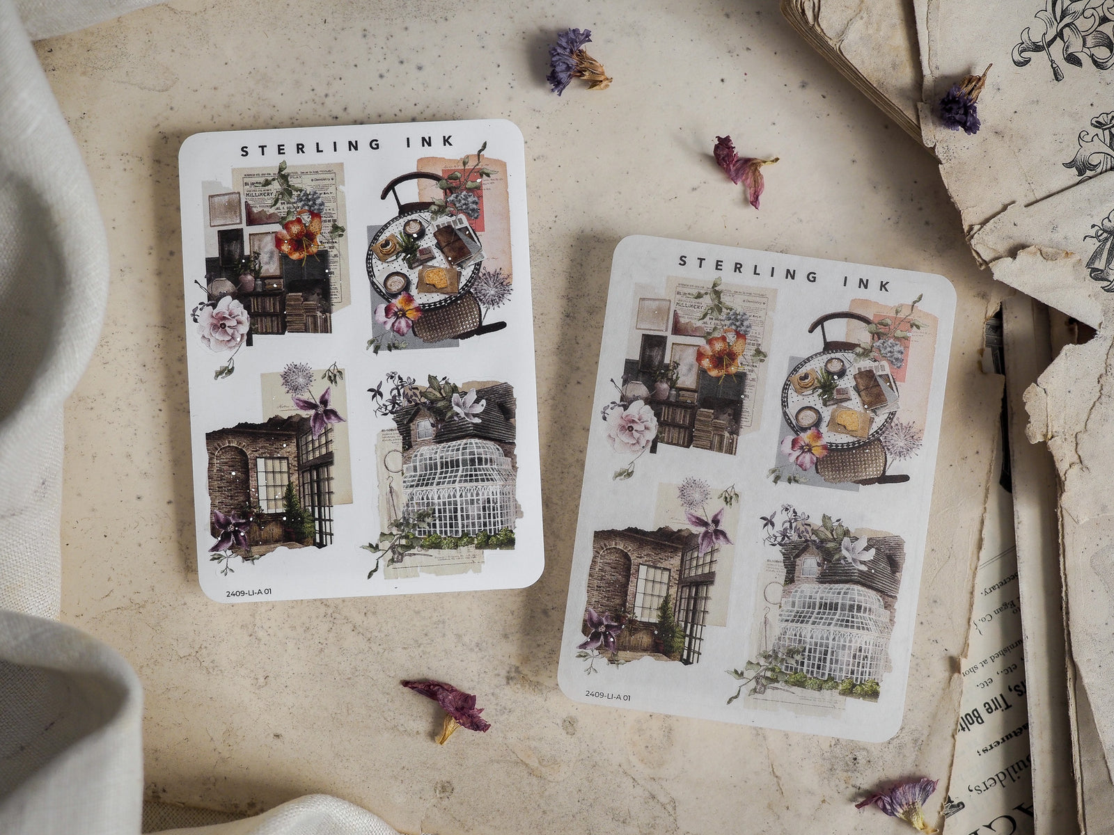 Vintage decorative sticker set featuring whimsical garden icons like intricate birdcages, autumnal flowers, and brick architectural motifs for September planning.