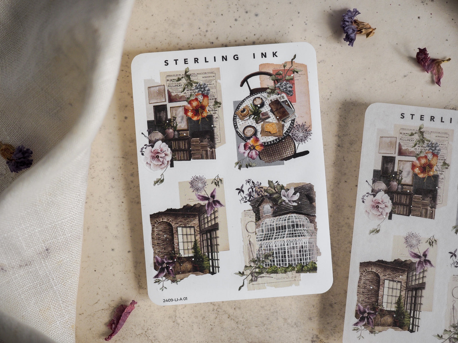 Vintage collage sticker sheet featuring large icons of distressed architecture, blooming florals, and antique print textures for creative crafting.