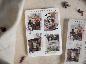Vintage collage sticker sheet featuring large icons of distressed architecture, blooming florals, and antique print textures for creative crafting.