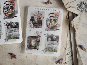 Large icon sticker sheet featuring a romantic blend of distressed floral illustrations, vintage birdcages, and antique script elements for creative planning.
