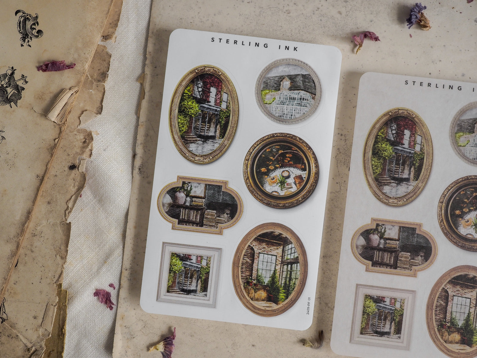 Vintage September picture frame stickers featuring ornate, detailed vignettes of rustic autumn scenes perfect for journaling and scrapbooking.
