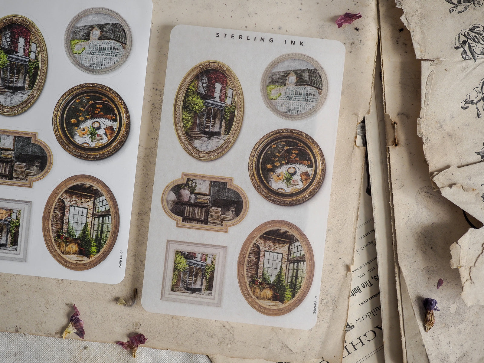 Vintage picture frame stickers featuring distressed sepia-toned photos of charming, old-world streets and rustic architectural details for crafting.