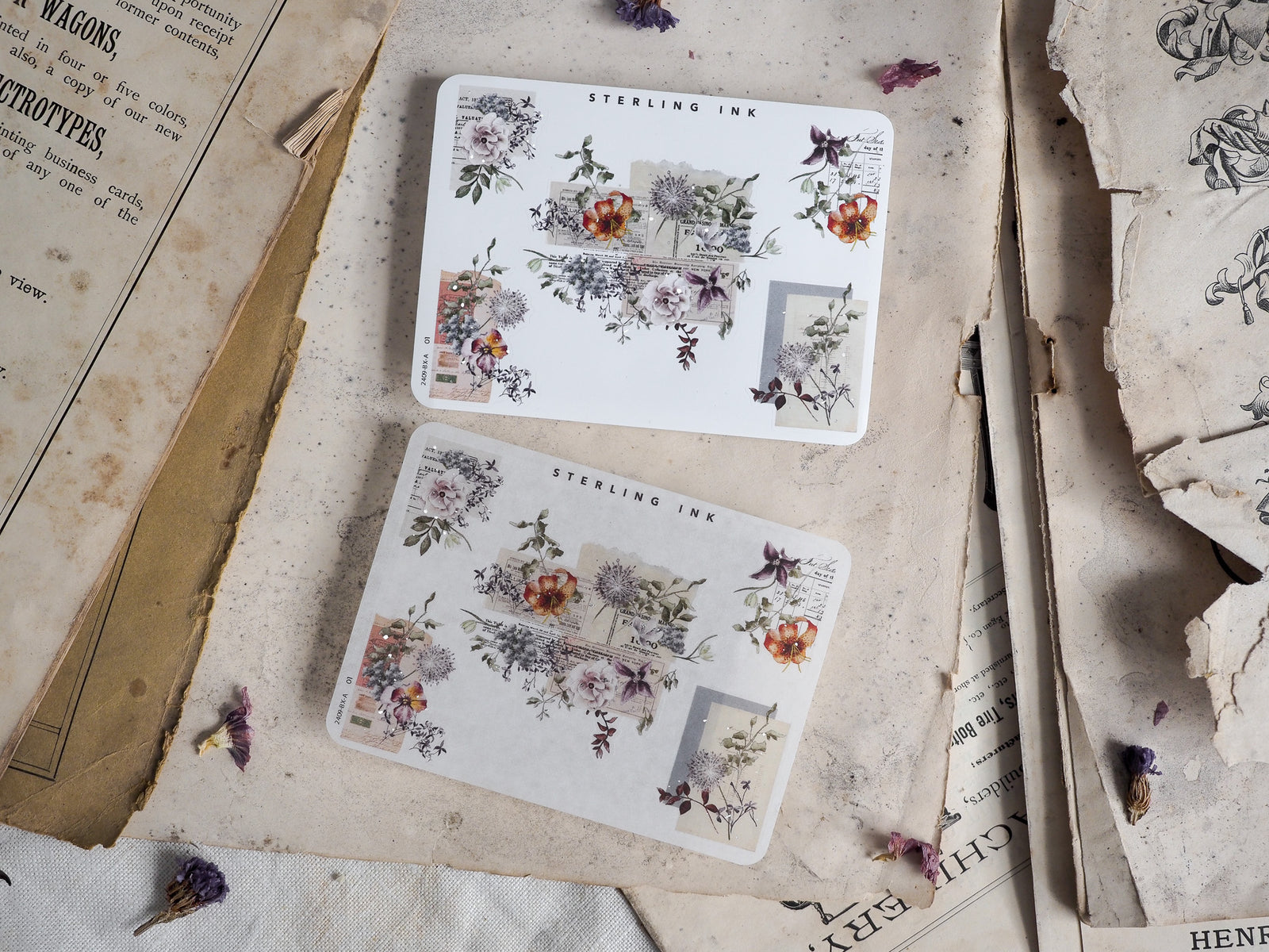 Elegant corner sheet stickers featuring vintage botanical designs with pressed flowers, muted watercolor tones, and rustic decorative labels.
