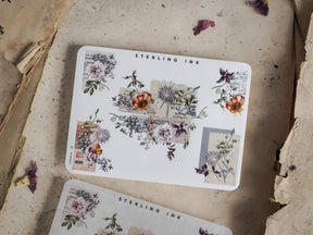 Vintage sticker sheet featuring soft watercolor florals, antique ephemera, and labeled corners ideal for adding decorative vintage accents to journaling and scrapbooks.