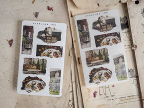Collection of distressed sepia stickers featuring vintage architectural illustrations of aged windows, ornate facades, and rustic building details.
