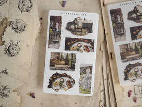 Seasonal "Torn Paper Stickers" for September 2024, showcasing rustic autumnal themes like vintage decaying architecture and decorative harvest vignettes.