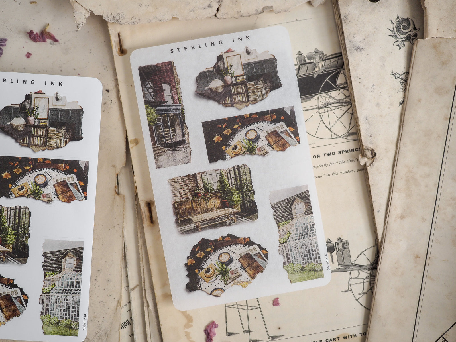 Vintage "Sterling Ink" torn paper stickers featuring distressed, rustic collages of architecture, old windows, and detailed scrapbooking elements for journaling.