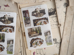Vintage "Sterling Ink" torn paper stickers featuring distressed, rustic collages of architecture, old windows, and detailed scrapbooking elements for journaling.