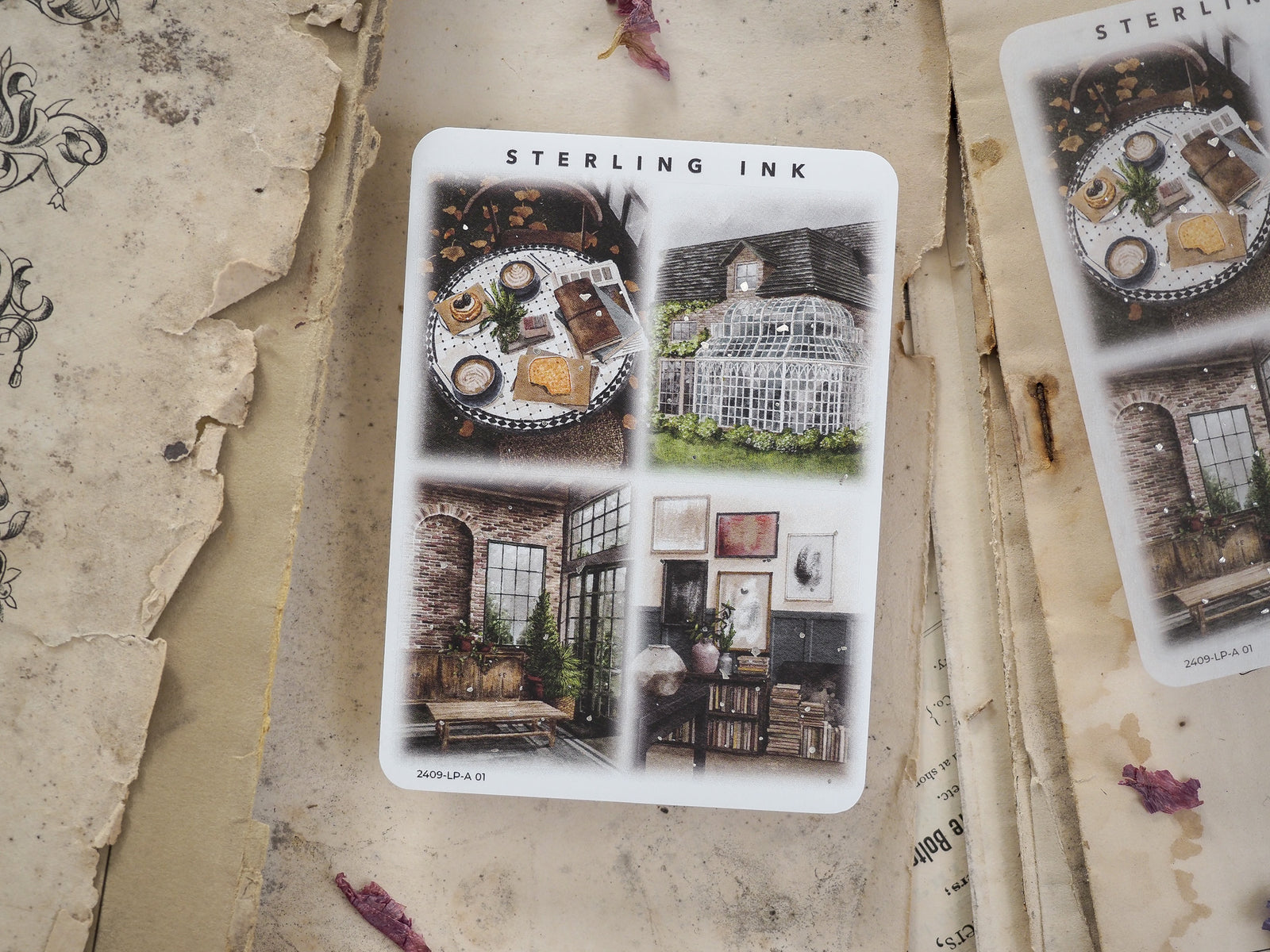 A sticker sheet featuring three vignettes of vintage, rustic illustration, including detailed tablescapes and cozy architectural scenes in a nostalgic style.