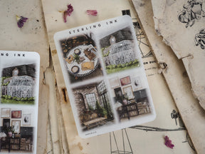 Large sticker illustration set featuring detailed vintage designs of charming storefronts and rustic, seasonal table arrangements.