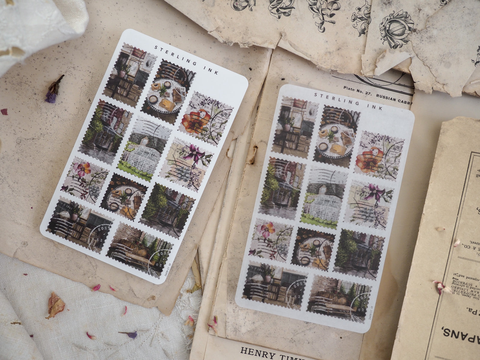 Sepia-toned sticker sheet displaying a grid pattern of antique collage scenes, perfect for journaling or adding a vintage touch to any craft project.