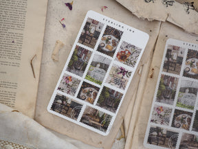 Detailed sticker sheets featuring vintage autumnal street scenes, old brick architecture, wrought iron details, and delicate fall florals.