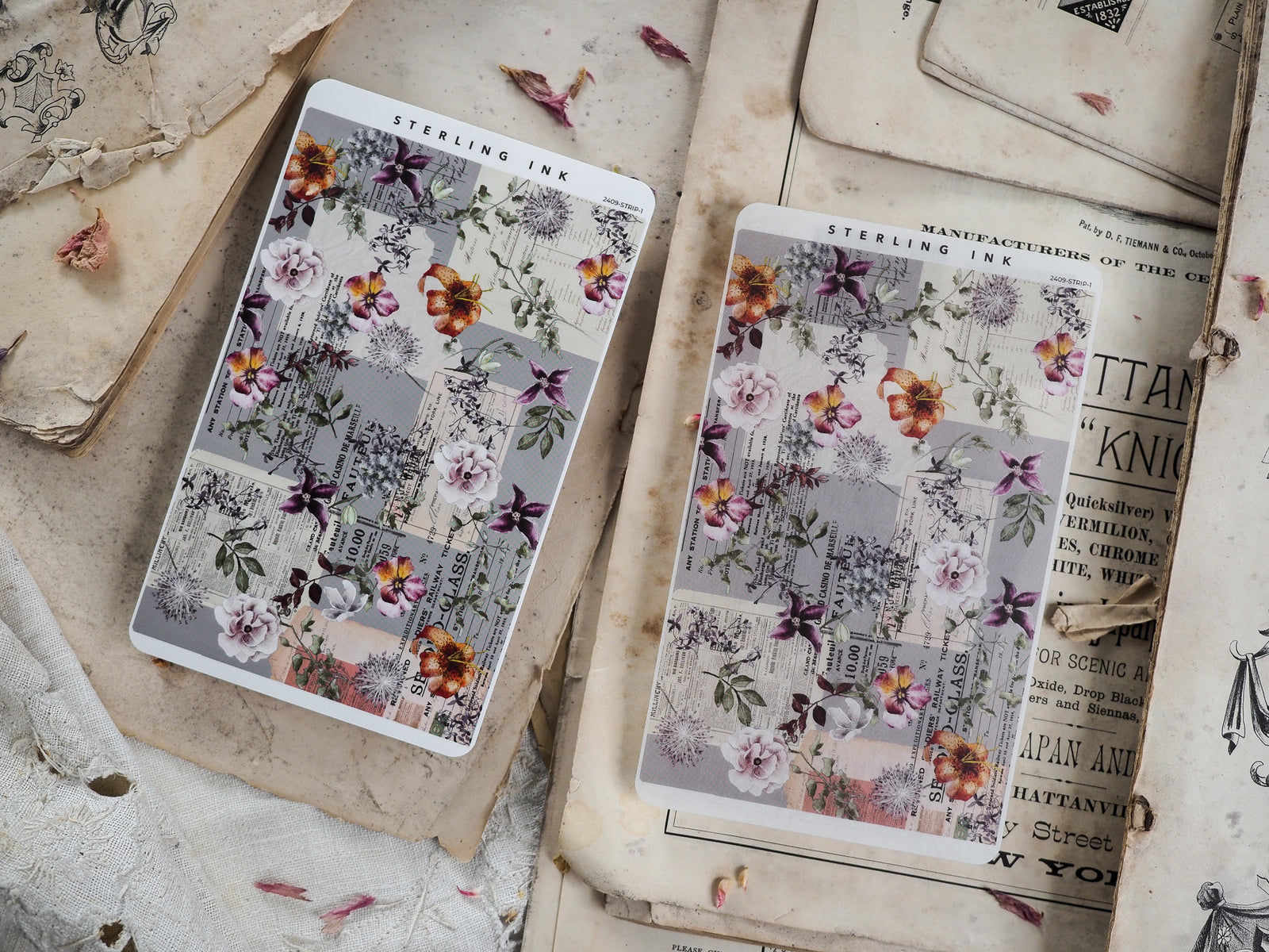 Vintage-style journaling stickers featuring a dense, academic botanical pattern with muted florals, faded text blocks, and rich, soft watercolor tones.