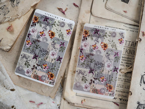 Vintage-style journaling stickers featuring a dense, academic botanical pattern with muted florals, faded text blocks, and rich, soft watercolor tones.