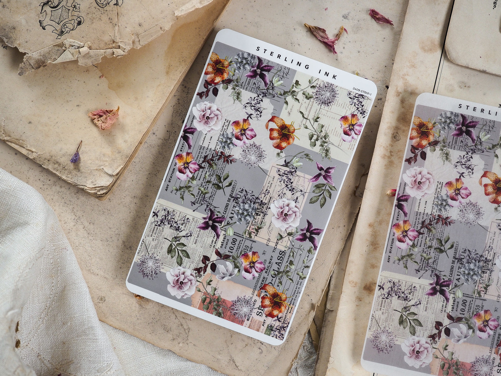 Vintage sticker strip for September 2024 featuring a rustic, romantic blend of aged newspaper text, faux classified ads, and delicate watercolor florals in soft, muted tones.