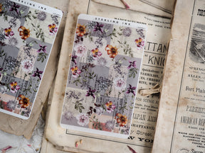 Vintage sticker strips patterned with aged typography, delicate botanical illustrations, and sepia-toned text resembling historical newspaper ephemera.