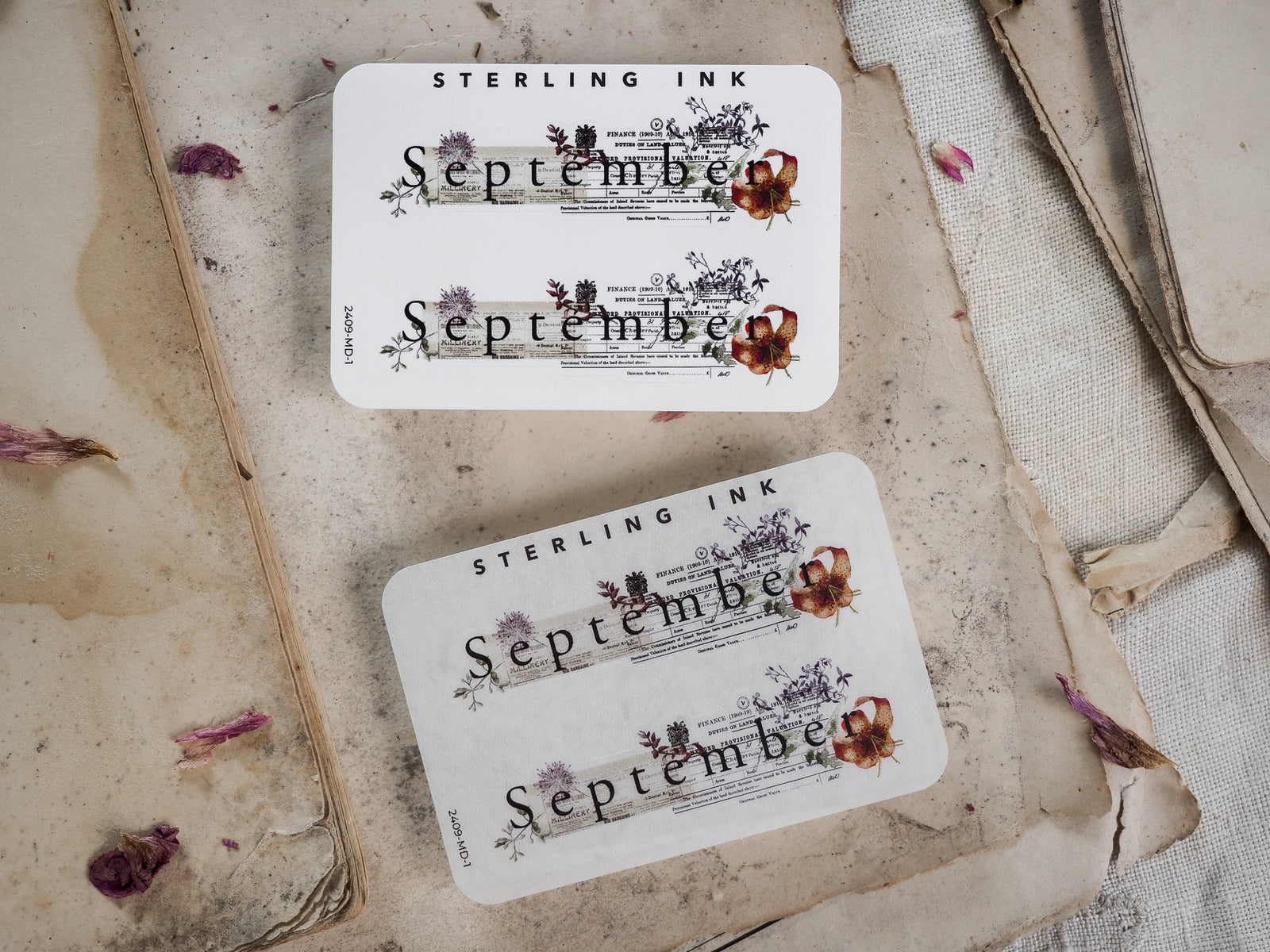 Vintage September month stickers featuring "STERLING INK" branding and delicate botanical illustrations framed by elegant classical typography.
