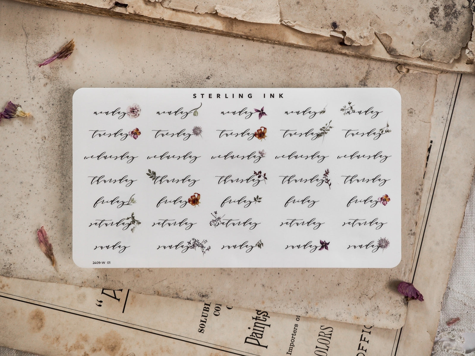 Organized sticker sheet marking the days of the week for September, featuring delicate, hand-drawn floral and botanical accents for planning and journaling.