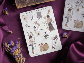 Detailed set of vintage icon stickers featuring black and white botanical illustrations, anatomical diagrams, and illustrative figures from Sterling Ink.