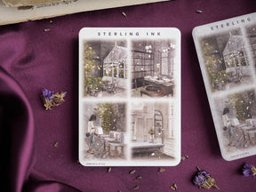 Vintage architectural illustration stickers set featuring charming greenhouse designs and detailed vignettes of historic interior rooms.