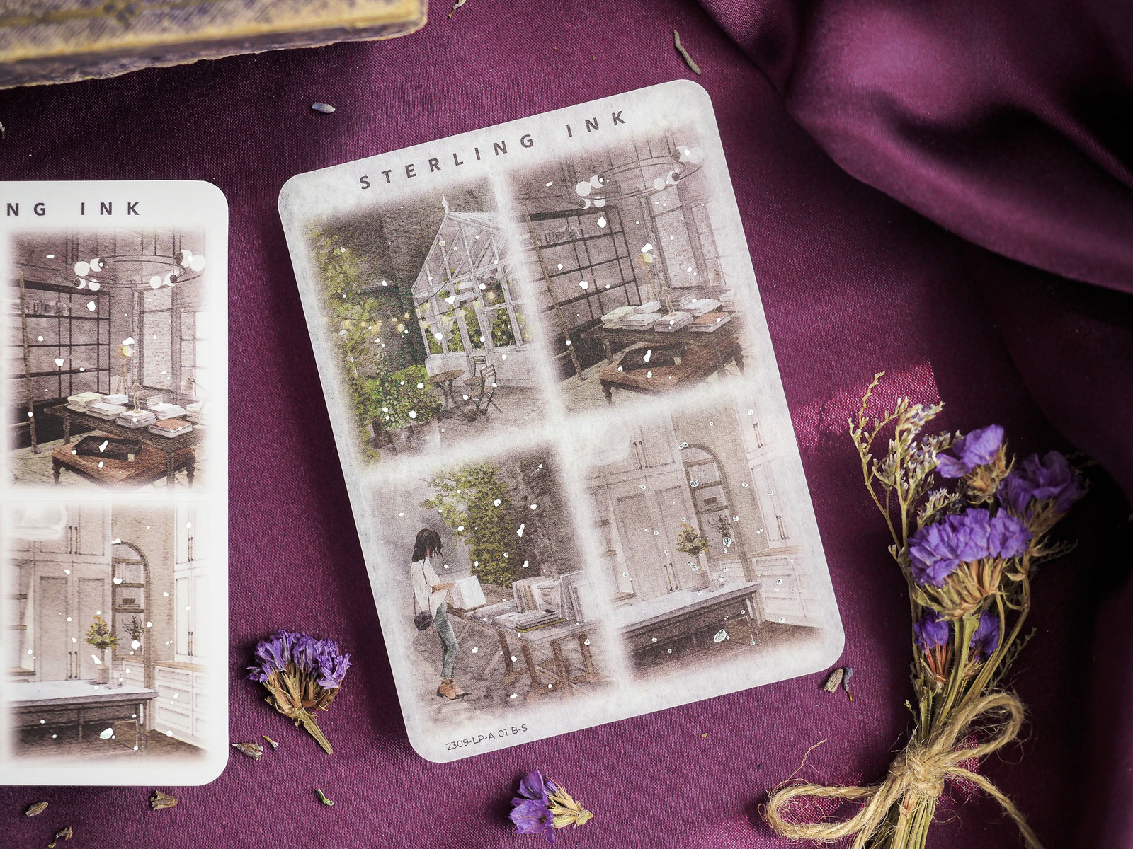 Set of four vintage, sepia-toned architectural illustration stickers depicting charming interior scenes and detailed glass greenhouses.
