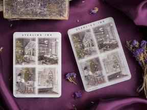 Vibrant sticker set featuring vintage collage art of sunlit interior architecture and daily life, accented with scattered shimmering silver foil.