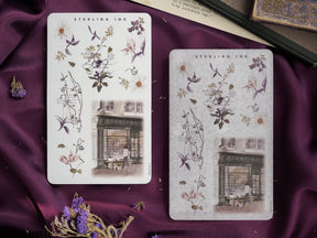 Vintage botanical arrangement stickers featuring delicate watercolor illustrations of flowers and detailed sepia-toned antique storefront architecture.