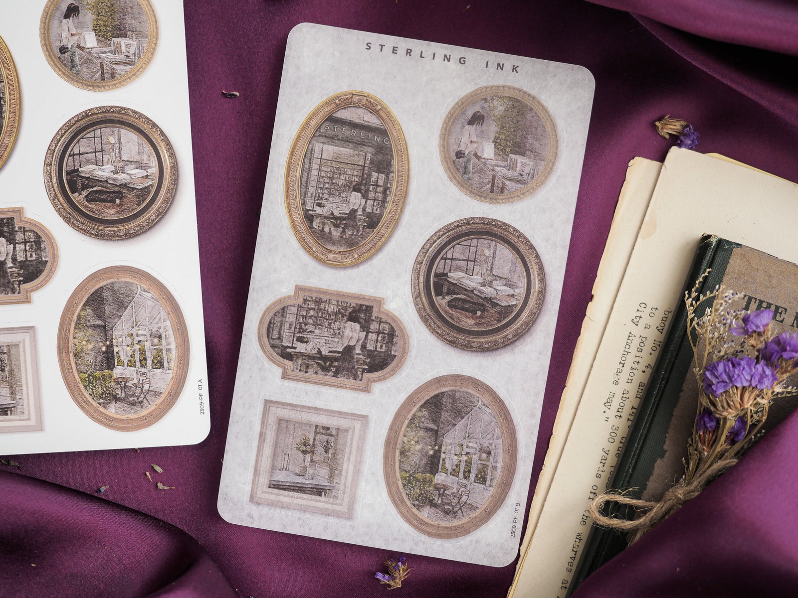 Sheet of sepia-toned picture frame stickers featuring diverse vintage images of interiors and exteriors, ideal for scrapbook or journal decorating.