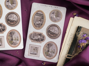 Sheet of sepia-toned picture frame stickers featuring diverse vintage images of interiors and exteriors, ideal for scrapbook or journal decorating.