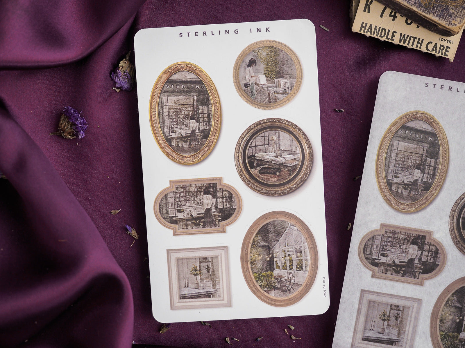 Picture frame stickers featuring various ornate, sepia-toned borders surrounding vintage interior and street scenes for journaling and scrapbooking.