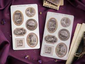 Assorted set of "Picture Frame Stickers - September 2023" featuring various antique-style, framed illustrations in oval and rectangular designs for journaling and crafting.
