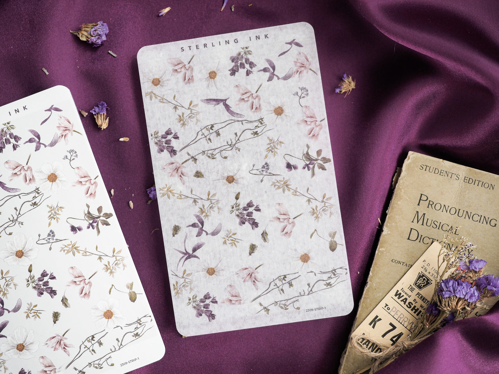 Delicate botanical strip stickers featuring a vintage pattern of soft watercolor blooms, leafy vines, and muted floral clusters.